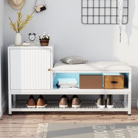 GROOFOO Shoe Bench, Entryway Bench with Padded Cushion and Cabinet, Modern Shoe Rack, Shoe Storage Bench Organizer for Hallway, Bedroom, Living Room, White (1/5)