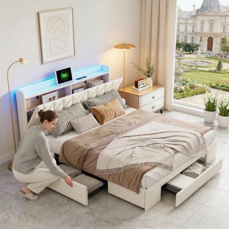 Polsterbett 160x200 cm mit Schubladen, Kopfteil mit LED, gepolstertes Kopfteil, Lattenrost, Holz- und Metallrahmen, Beige