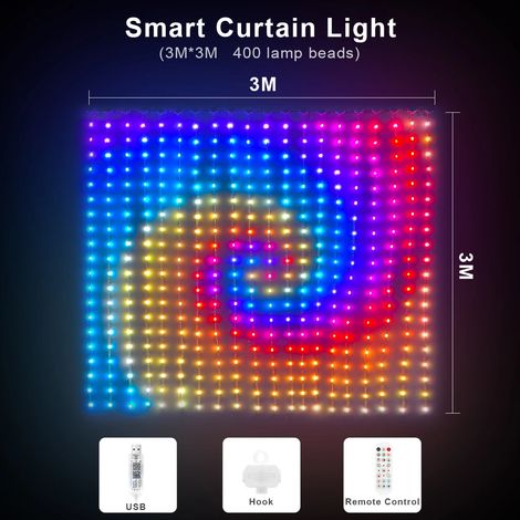 Rideau lumineux LED RGB intelligent USB (3 m x 3 m, 400 LED), contrôle par application, motifs et textes personnalisables, programmable (1/5)