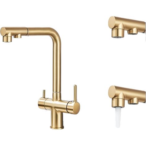 Rubinetto da cucina estraibile, struttura in acciaio inox, finitura oro spazzolato. (1/2)
