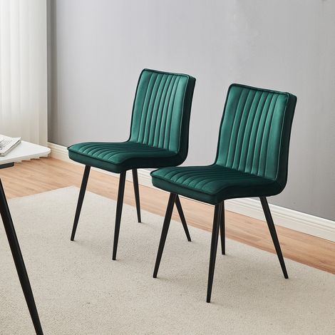 Dining Chairs 2x Velvet Kitchen Dining Chairs Upholstered Seat with Black Metal Legs Green (1/5)