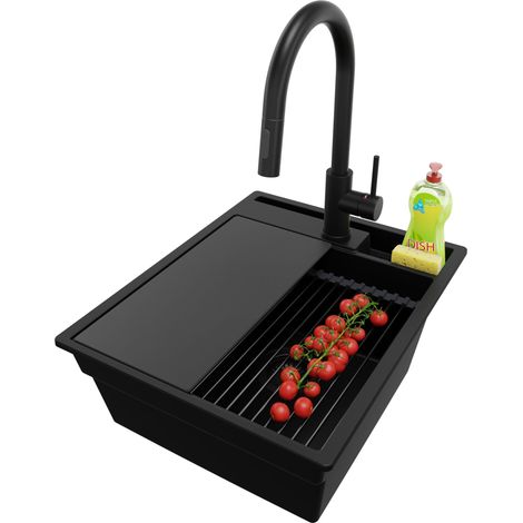 PRIMAGRAN Evier Cuisine en Granit 43x53cm, Lavabo 1 bac + Kit de Vidage + Accessoire, Évier à Encastrer au meuble 45cm - Oslo Pocket, Tout Noir (1/5)
