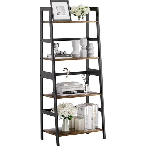 Etagere Echelle 4 Niveaux, Bibliotheque Salle de Bain Rangement Autoportante avec Etageres Ouvertes, Cadre en Bambou, Support de Plantes Gain de Place, Marron Rustique et Noir (1/5)