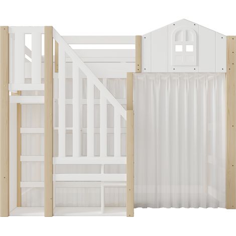 Letto a soppalco per bambini 140x200 cm con LED, scala contenitore, bianco e naturale (1/5)