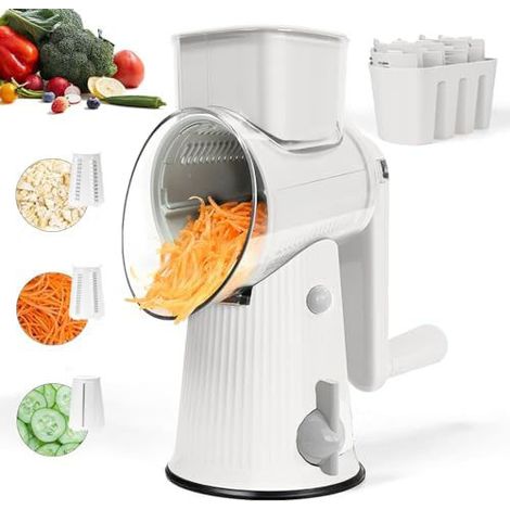 Râpe à fromage rotative avec poignée, trancheuse à légumes manuelle avec 3 lames interchangeables  Râpage sans effort, base d'aspiration solide et broyeur facile à nettoyer