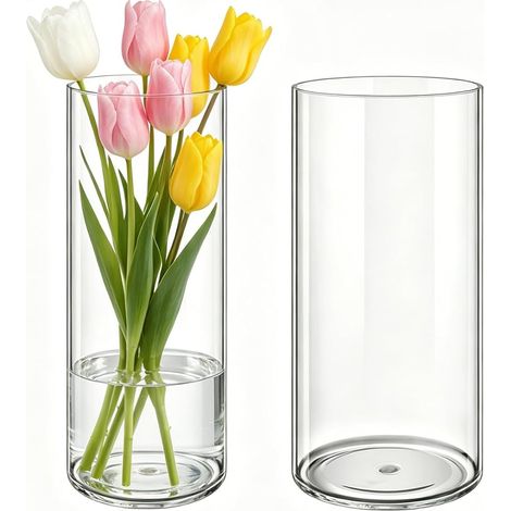 Lot de 2 Vases Acrylique Transparent Rond, Incassable aux Chocs et Léger, Vases Cylindriques pour Fleurs Fraîches/Séchées/Décoration Minimaliste, Intérieur/Extérieur - 10 x 25 und 12 x 25 cm (1/5)