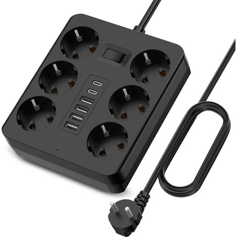 Multiprise multifonctionnelle à 6 prises (norme européenne) – 4 ports USB + 2 ports USB-C – 1 interrupteur principal (1/4)