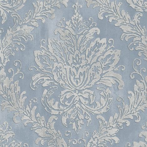 Barock Tapete Profhome 790491 heißgeprägte Vliestapete leicht strukturiert mit Ornamenten und metallischen Akzenten blau tauben-blau silber 5,33 m2