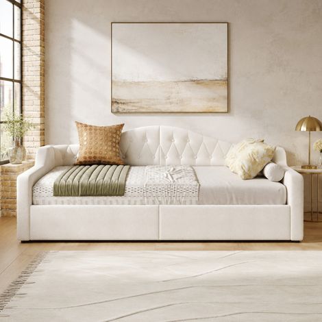 DESMIU Lit banquette 140 × 200 cm 2 places avec rangement, LED, sans matelas, beige (1/5)