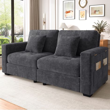 Sofa 2-Sitzer 180 cm Dunkelgrau aus Chenille mit Stauraum in Armlehnen, Seitentaschen und 2 Kissen (1/5)