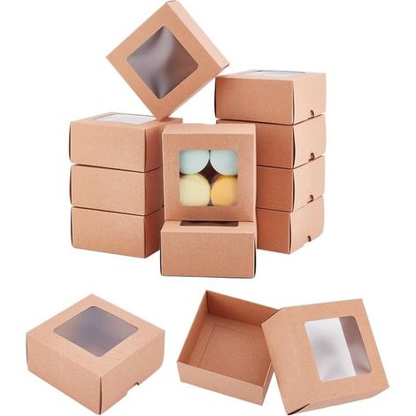 Boîtes cadeaux avec fenêtre, lot de 12, papier kraft, 10,5 x 10,5 x 3 cm, pliables et durables, pour bijoux, biscuits et petits cadeaux, marron (1/5)