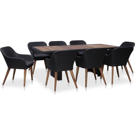 9-tlg. Garten-Essgruppe mit Auflagen Poly Rattan Schwarz