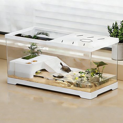 Aquarium pour Tortues avec Plateforme de Bain de Soleil et Drain au Fond 30 x 18 x 18,5 cm, Aquarium pour Jeunes Tortues, écrevisses, crabes, Amphibiens et Reptiles,Blanc