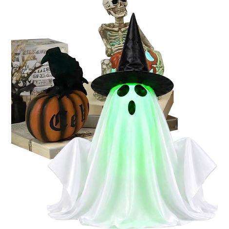 JSSEVN - Figura de fantasma con luz y sombrero de bruja, figuras de fantasmas con luz para fiestas navideñas, hogar, interiores, exteriores, jardín, mesa. (1/5)