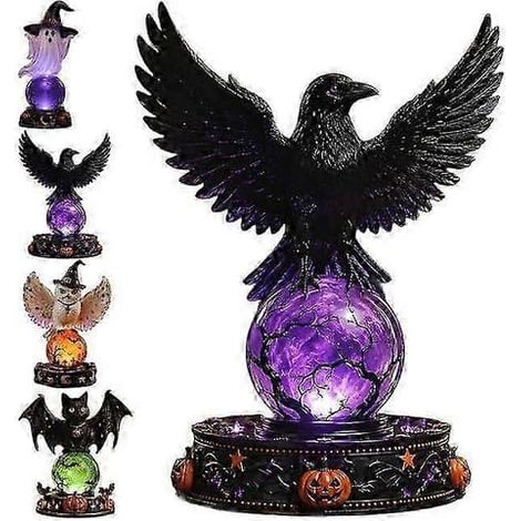 Décoration lumineuse de boule de cristal corbeau pour Halloween, boule gothique lumineuse avec statue de fantôme corbeau chauve-souris hibou et lampe LED en cristal, décoration de table effrayante pou (1/5)