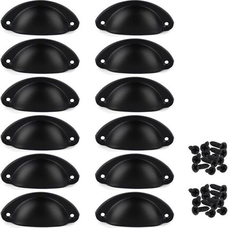 Lot de 12 Poignées de Tiroir Vintage, Poignées de Meubles Traditionnelles en Demi Lune, Poignées de Coquille pour Placard, Armoire, Commode, Noir, Vis incluses (1/5)