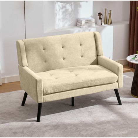 Panca imbottita 2 posti in lino beige con gambe in legno massello antiscivolo,120x75x88 cm (1/5)