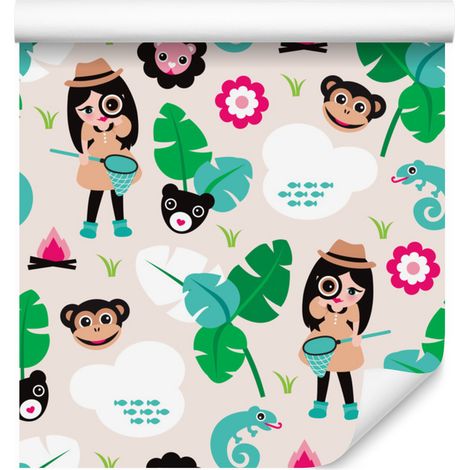 Papel pintado de animales, monos y verde para salón y dormitorio, 50x1000 cm (1/5)