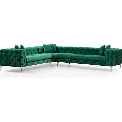 Canapé d'angle droit capitonné velours vert et pieds chromés Herakles 270cm (1/5)