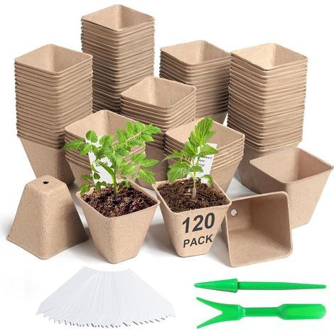Lot 120 pots culture biodégradables 8cm – godets rempotage + 30 étiquettes + 2 outils repiquage – pour graines fleurs (1/5)