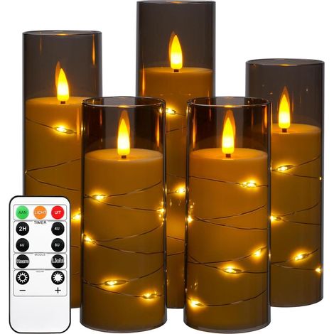 Bougies LED - Guirlande lumineuse en forme d'étoile - Lumière LED vacillante / Minuteur 24 heures - Lot de 5 - Gris intérieur et extérieur (1/5)