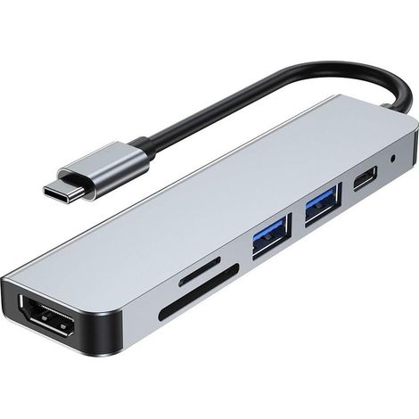 Adaptateur Hub USB-C 6 En 1 - HDMI 4K - 2 Ports USB - Charge Rapide PD 100 W - Lecteur Cartes SD TF - Pour Ordinateur Portable USB-C (1/5)