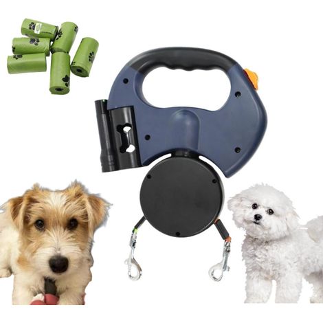 Laisse pour chien de 3 mètres, fournie avec six sacs à déjections canines, avec bandes réfléchissantes et enrouleur, permet de promener deux chiens simultanément, bleue.-AquaForge