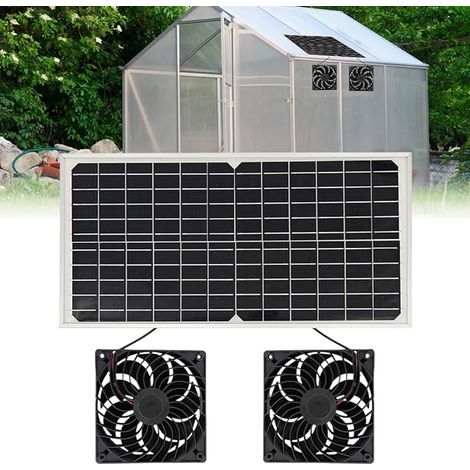 Ventilateur solaire de serre - 16 W - Avec double ventilateur CC - Ventilateur solaire - Pour petits poulaillers, serres, fenêtres d'échappement (1/5)