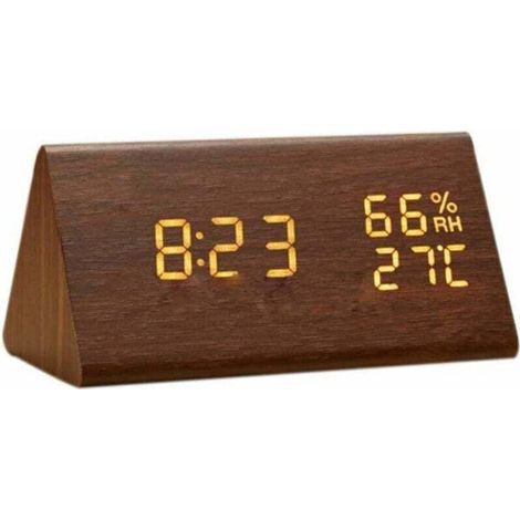 Sveglia in legno, sveglia digitale a LED in legno, orologio da tavolo digitale in legno con visualizzazione di ora e temperatura, controllo del suono e luminosità regolabile. (1/4)
