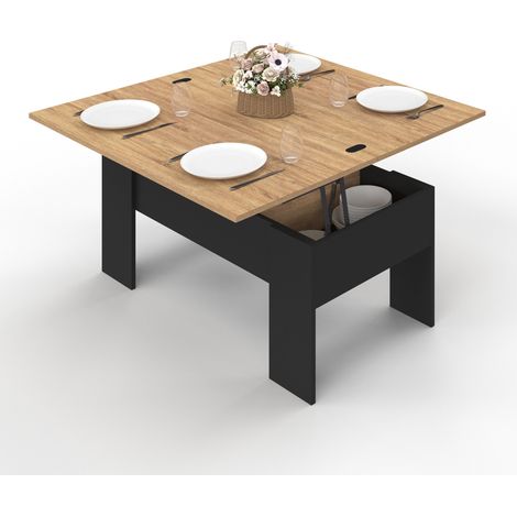 Tavolino rettangolare alzabile trasformabile in tavolo da pranzo TARA 100 cm legno nero e finto faggio