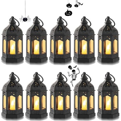 Mini Lanterne LED Exterieur - Lot de 10 Lanterne Bougie Noir Decorative Bougeoir pour Halloween, Ramadan, Mariage, Noel, Decoration de Table, Piles Incluses (1/4)