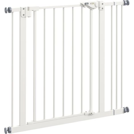 Barrière pour chien 74-87x2x77 cm - Extension incluse - Sans perçage - Pour escalier - Métal et plastique blanc - Sécurité animaux (1/5)