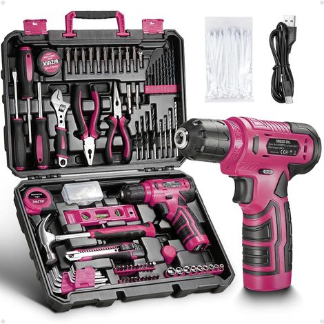 Kit d’outils 233 pièces avec perceuse sans fil, boîte à outils complète pour bricolage à domicile comprenant tournevis, pinces, marteau, accessoires et perceuse (1/2)