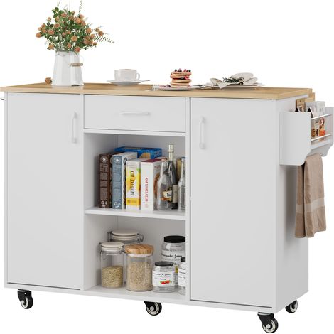 Îlot de cuisine sur roulettes avec plateau rabattable 120 cm MDF blanc et naturel (1/5)