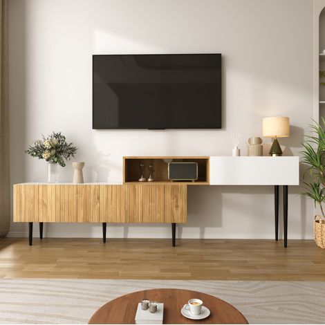 Mobile TV bianco e legno con lunghezza regolabile e gambe in metallo nero (1/5)