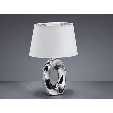 Kleine LED Tischleuchte 1 flammig Keramikfuß silberfarbig Schirm weiß, Höhe 33cm (1/5)
