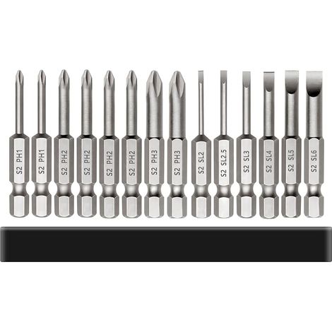 Lot de 14 embouts de tournevis cruciformes et à tête fendue - 50 mm - En acier S2 - Tige hexagonale - PH1 PH2 (1/5)