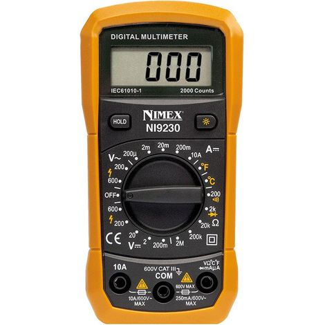 Multimetro digitale autorange 3,5 digit Nimex NI9230 CAT III 600V - Funzioni: tensione DC, tensione AC, corrente DC, resistenza, temperatura, test di continuità