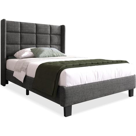 Lit 1 Place 90x200cm avec Tête Capitonné,Lit Adulte avec Sommier à Lattes,Tissu de Lin,pour Enfant Adolescent et Adulte,sans Matelas (Gris, 90x200)