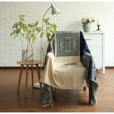 Retro tribal pattern chenille jacquard blanket with tassels, sofa throw, casual blanket for bed, sofa, chair (beige blue, 221 x 251.5 cm) (1/5)