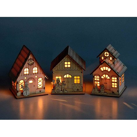 Kontarboor – Village de Noël lumineux en bois – Ensemble de 3 maisons et personnages – Éclairage LED inclus – Dimensions 8,5 x 7,5 x 10,5 H (1/3)