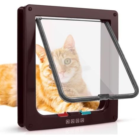 (Brune)19 x 20 x 5.4cm Chatière pour Chat avec magnétique à 4 Voies, Chatière Silencieux double verrouillable trappe pour chat Chien-brune (1/4)