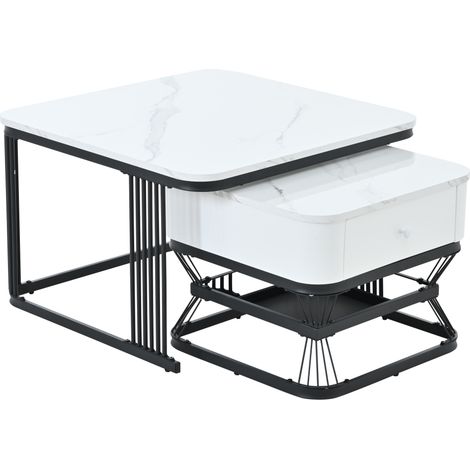 Set de 2 tables basses avec plateau effet marbre brillant, cadre métal noir, 70x70x45 cm + 50x50x40 cm, 1 tiroir, blanc et noir (1/5)