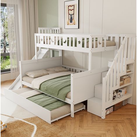 Etagenbett MDF & Kiefernholz Weiß 90x200/140x200 cm mit Ausziehbett, Rutsche, Leiter und Lattenrost (1/5)