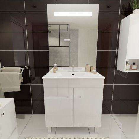 Cuisibane – Meuble de salle de bain 80 cm avec plan simple vasque céramique 81 x 46.5 cm – Miroir LED 80 cm hauteur 105 cm – Blanc brillant - ht105