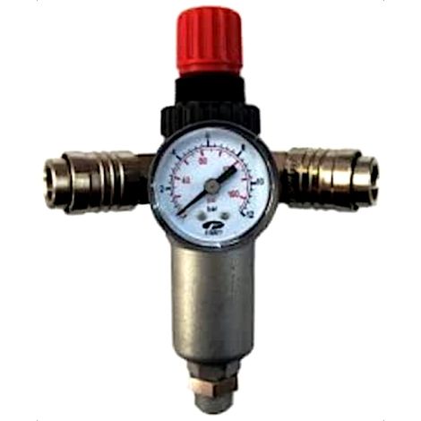 1 Régulateur de pression, Manomètre, Filtre, 2 Raccords universels, Entrée 3/8" M, Max 12 Bar, 180 l/min, Pour compresseur