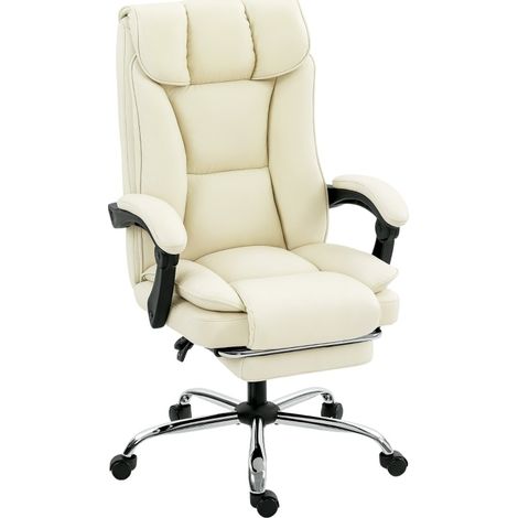 Silla de oficina ergonómica con reposapiés, polipiel, giratoria y con ruedas, metal, beige y negro (1/4)