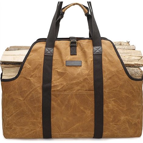 [JAMAIS UTILISÉ] Sac pour Bois de cheminée, Panier en Bois, Sac de Transport pour Bois de Chauffage, Porte-Bois de cheminée, Toile cirée, imperméable, Extra Large, pour Bois de Chauffage, Marron (1/4)