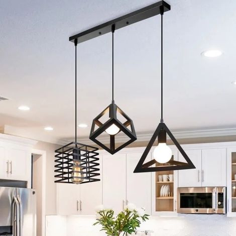 Lampe Suspension en Géométrique Retro avec 3Tête Plafonnier Suspension Industriel en Métal Noir (1/4)