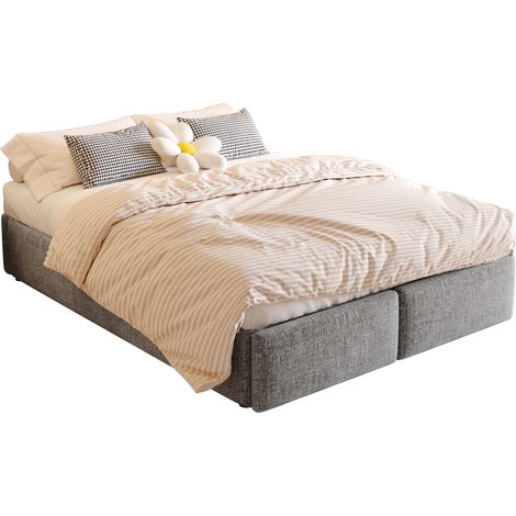 Cama tapizada 140x200 cm sin cabecero con almacenaje hidráulico y 2 cajones, estilo clásico, gris, para adultos y adolescentes, ideal para dormitorio - CHICFURN (1/5)